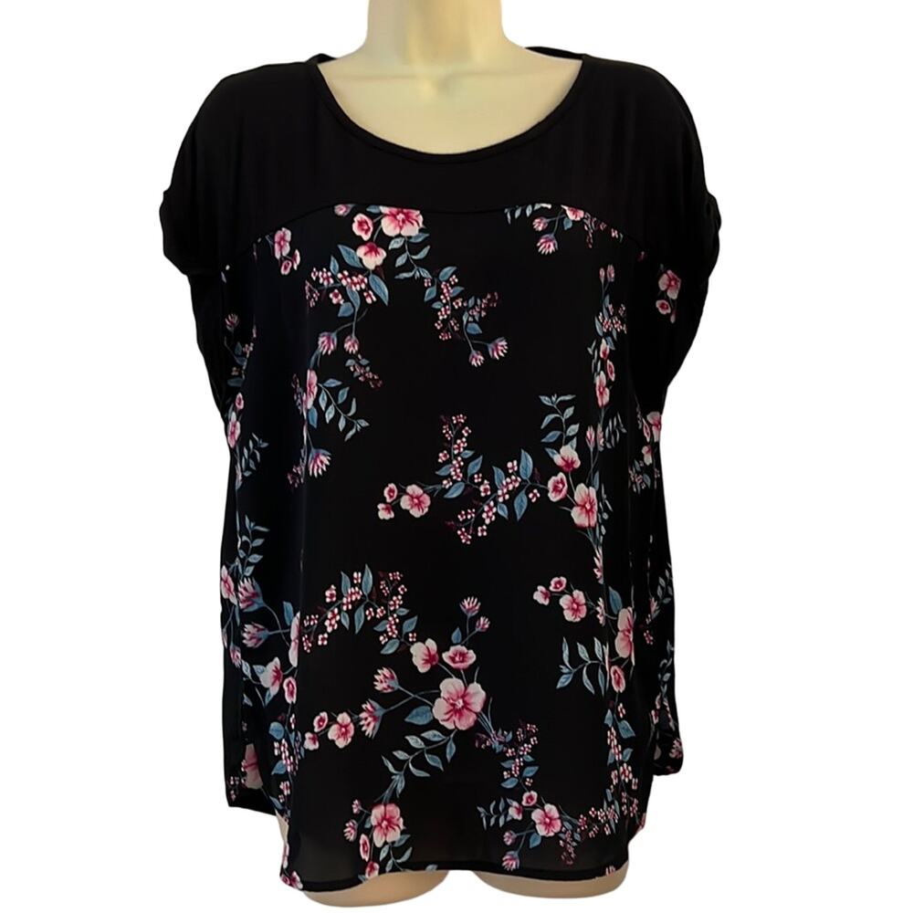 Pinque Black Floral Print Blouse Cottagecore Lightweight Woman's Size Large